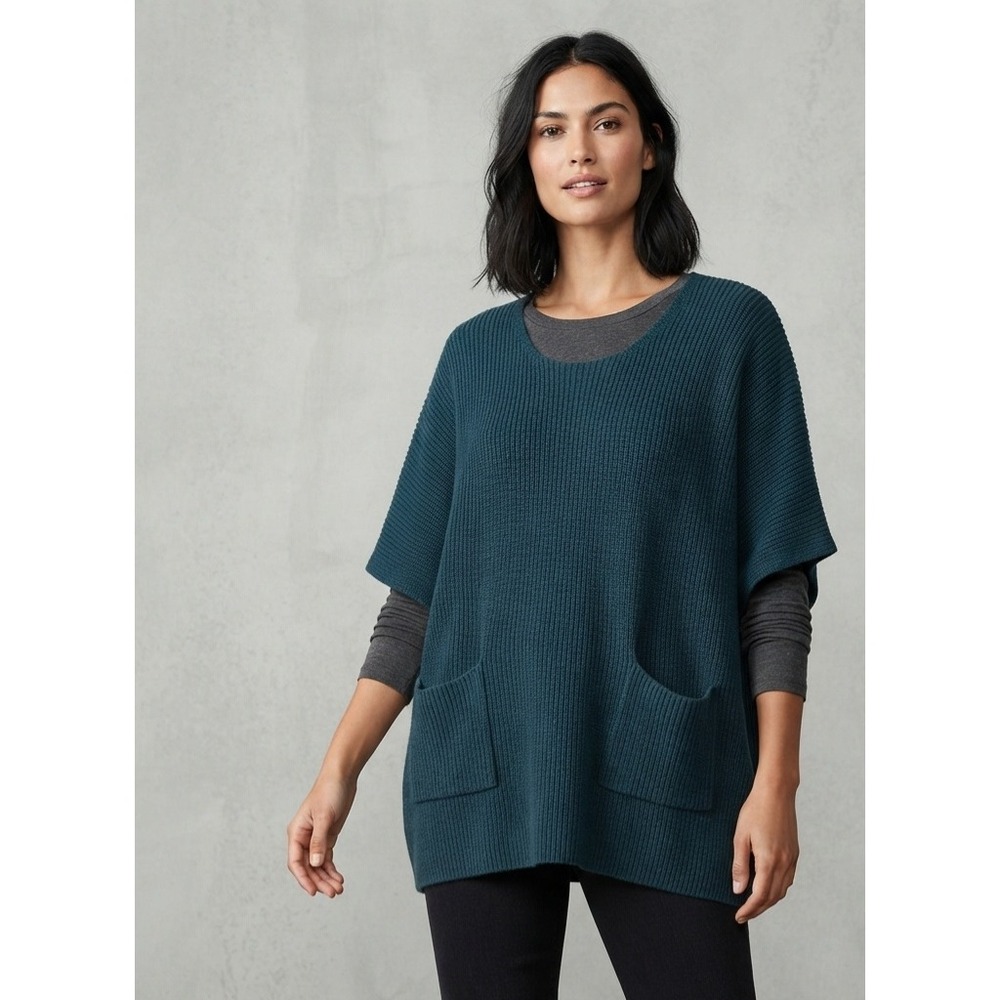Cabi Cabin Poncho Ribbed Knit Teal Blue Oversized Pocket Sweater 3683 M/L